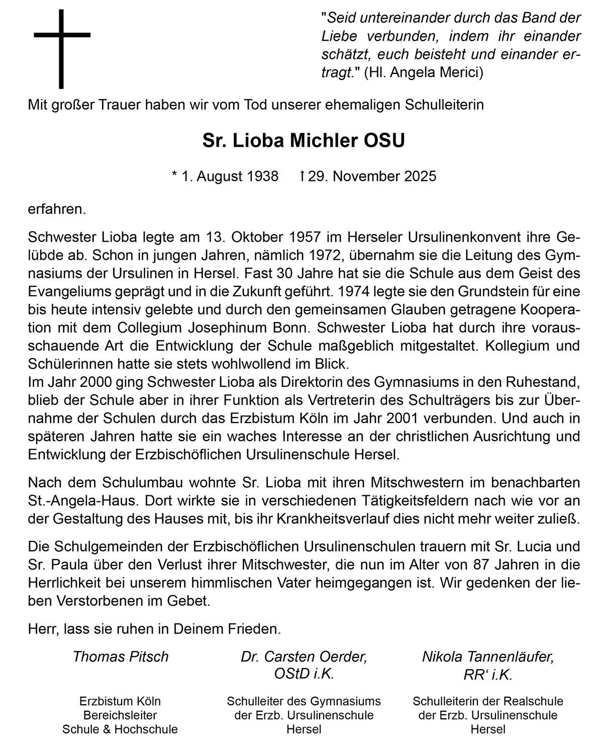 Traueranzeige Sr Lioba Michler OSU